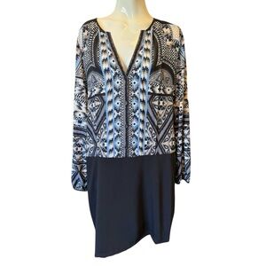 Hale Bob Black White Blue Tan Design Long Sleeve Pullover Dress Sz L Knee Length